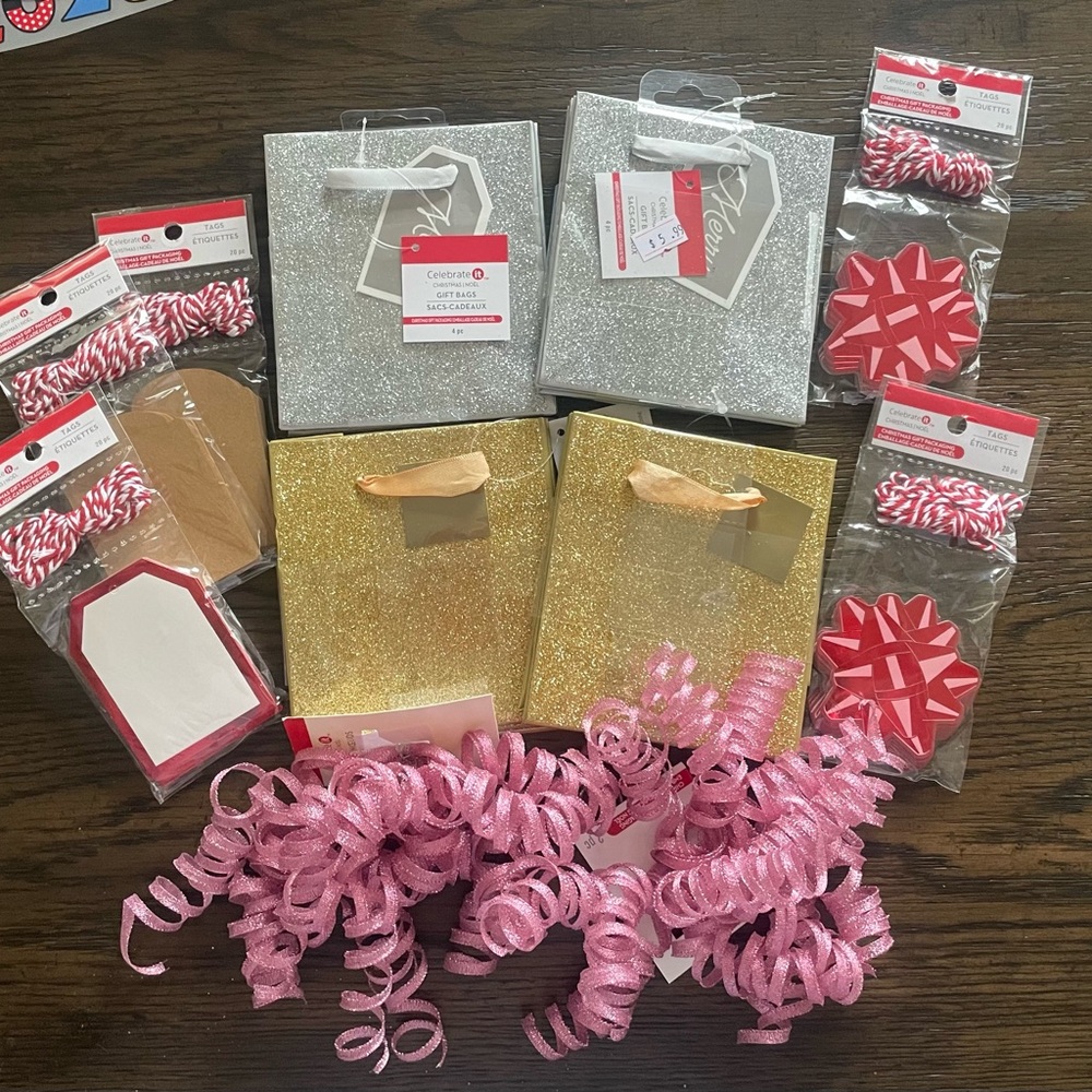 Celebrate It Glittery Gold and Silver Gift Bags with Pink Accents